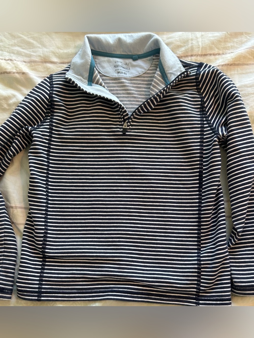 Crewcuts Girl’s Performance Navy Blue and White Striped 1/4 Zip Sweatshirt M 8-9
